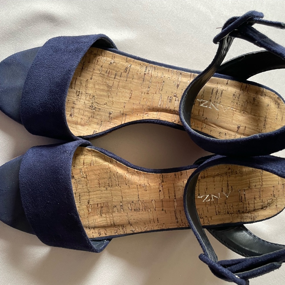 3/$10 - Blue suede Solanz wedge sandals. 7-1/2”. Great condition, minor wear.